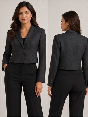 Banana Republic Cropped Flax Blend Blazer Women’s Size 8 Black Wool Linen